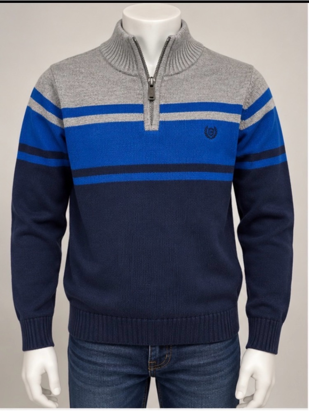 Chaps Navy, Royal Blue & Gray Quarter-Zip Striped Sweater